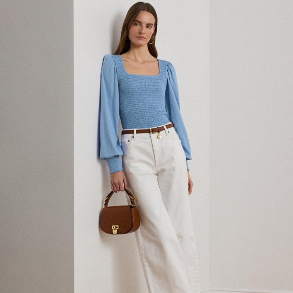 RALPH LAUREN SMOCKED JERSEY BLOUSON SLEEVE TOP IN SKY BLUE SIZE LARGE NWT